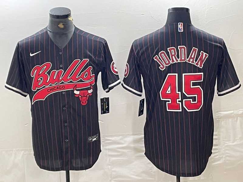 Men%27s Chicago Bulls #45 Michael Jordan Black Pinstripe Cool Base Stitched Baseball Jersey->chicago bulls->NBA Jersey